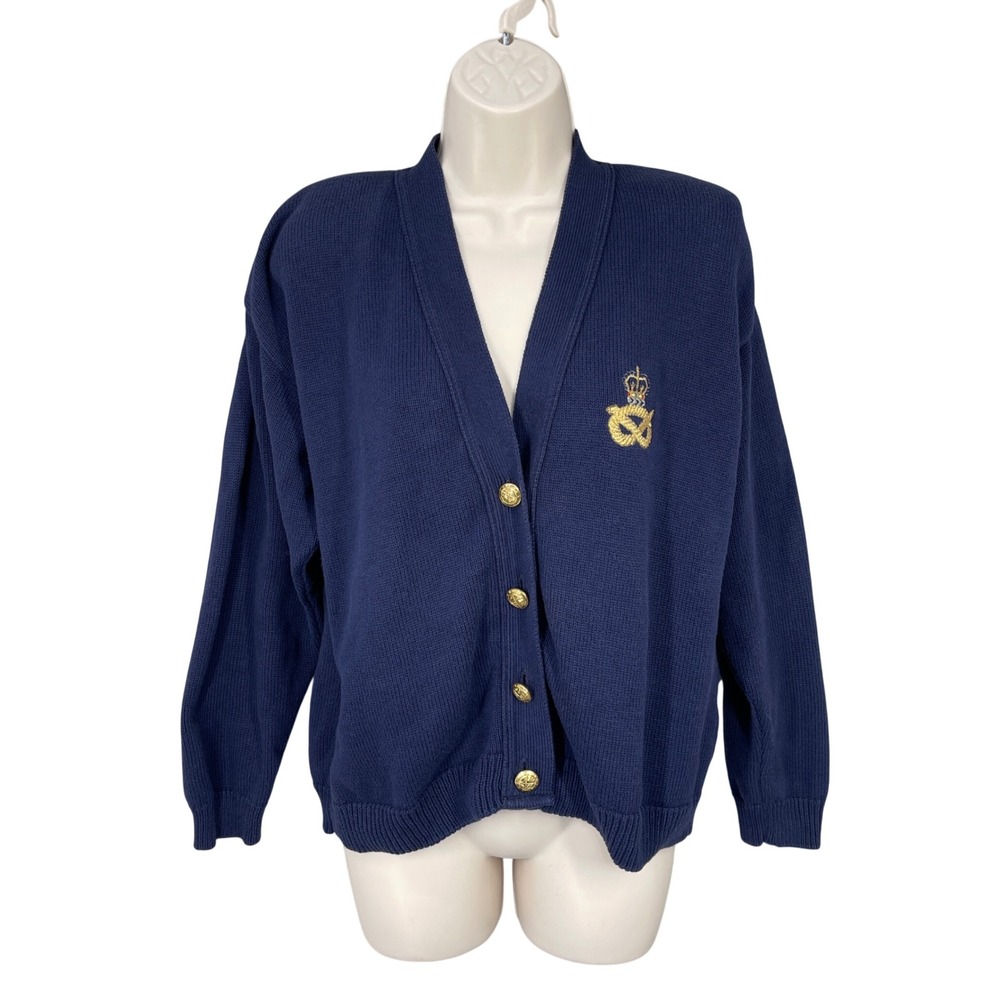 Vintage Woman Crest Cardigan Sweater Cottage Academia Retro USA Size L Blue
